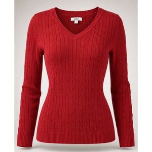 Croft Barrow Womens Sweater Small Red Cotton Cable Knit V Neck Pullover Classic